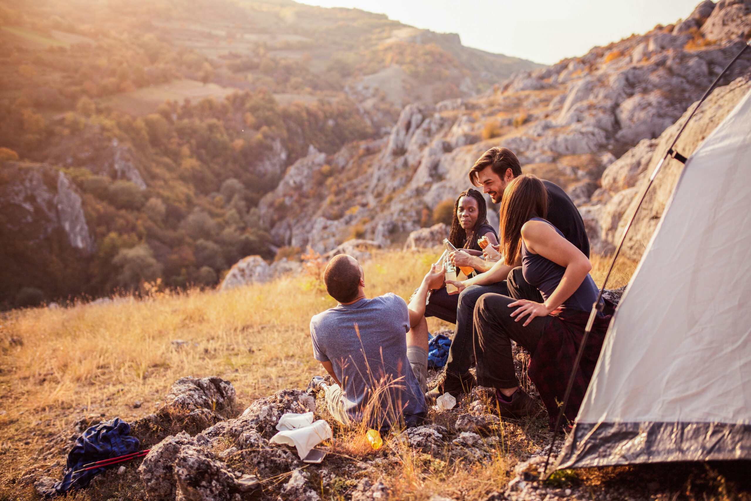 Friends have a fun while camping